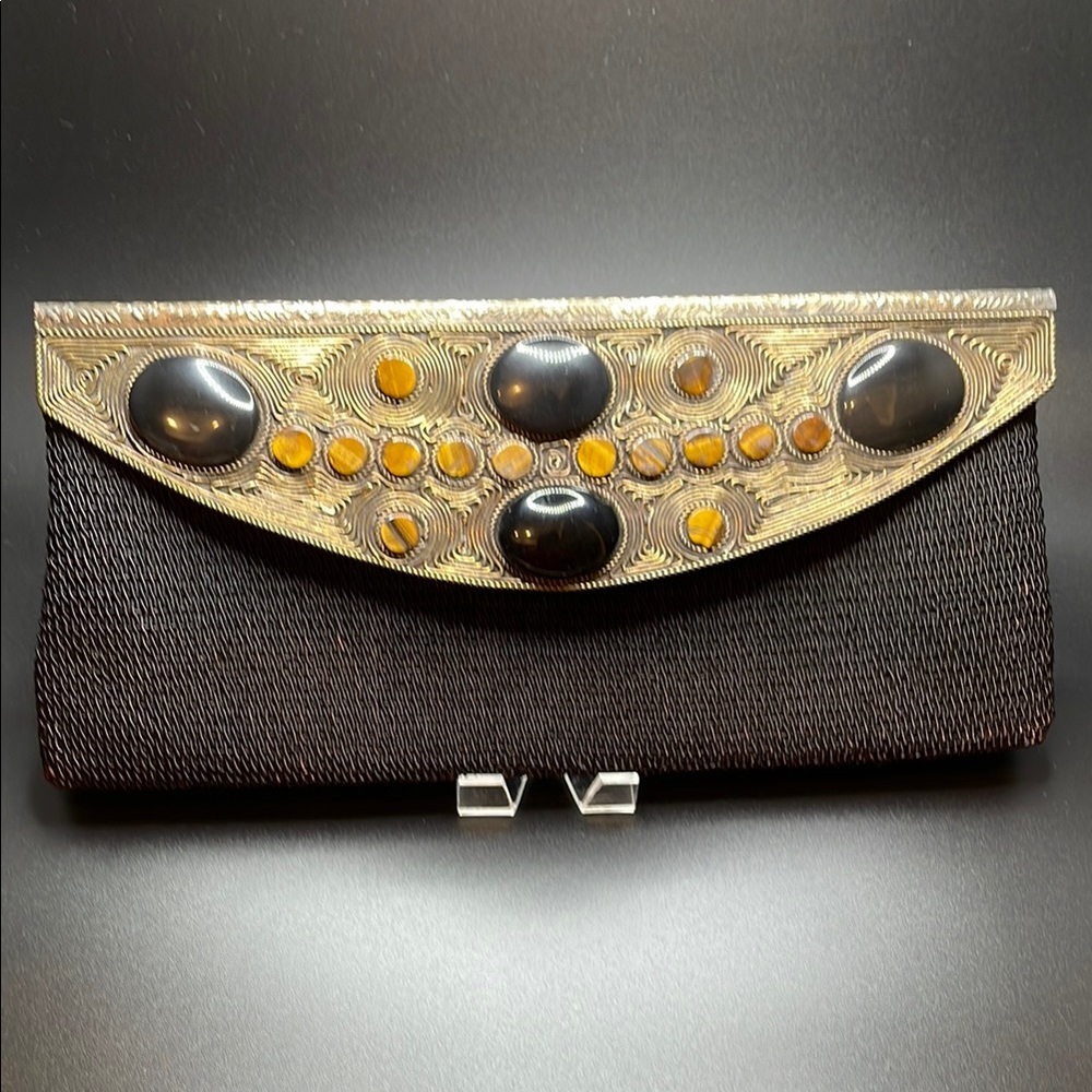 MEERA MAHADEVIA~BLK MESH METAL AND BRONZE CLUTCH~DECORATIVE STONES~SILK LINING